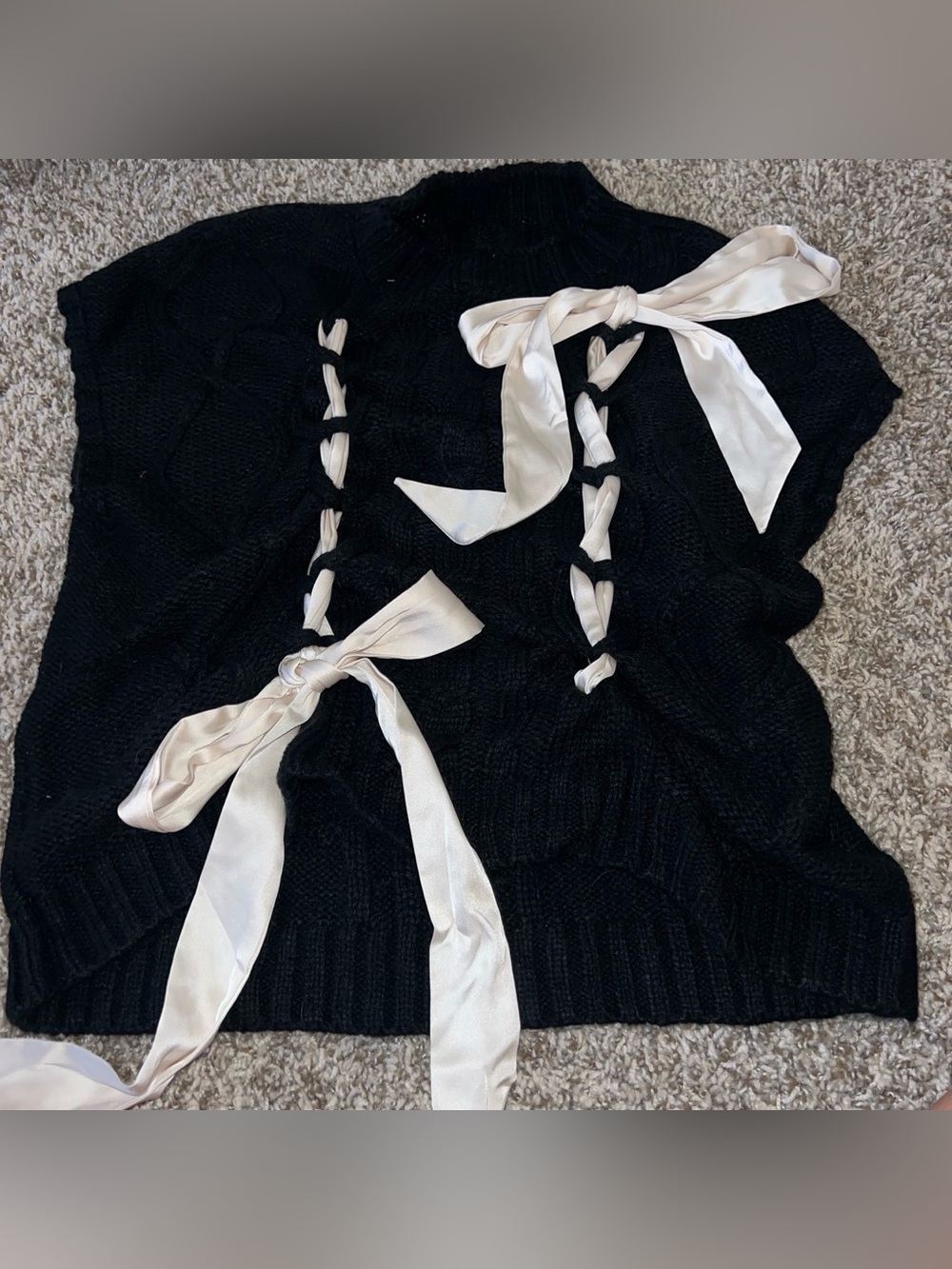 Women’s Black Knit Sweater with Ivory Ribbon Detail